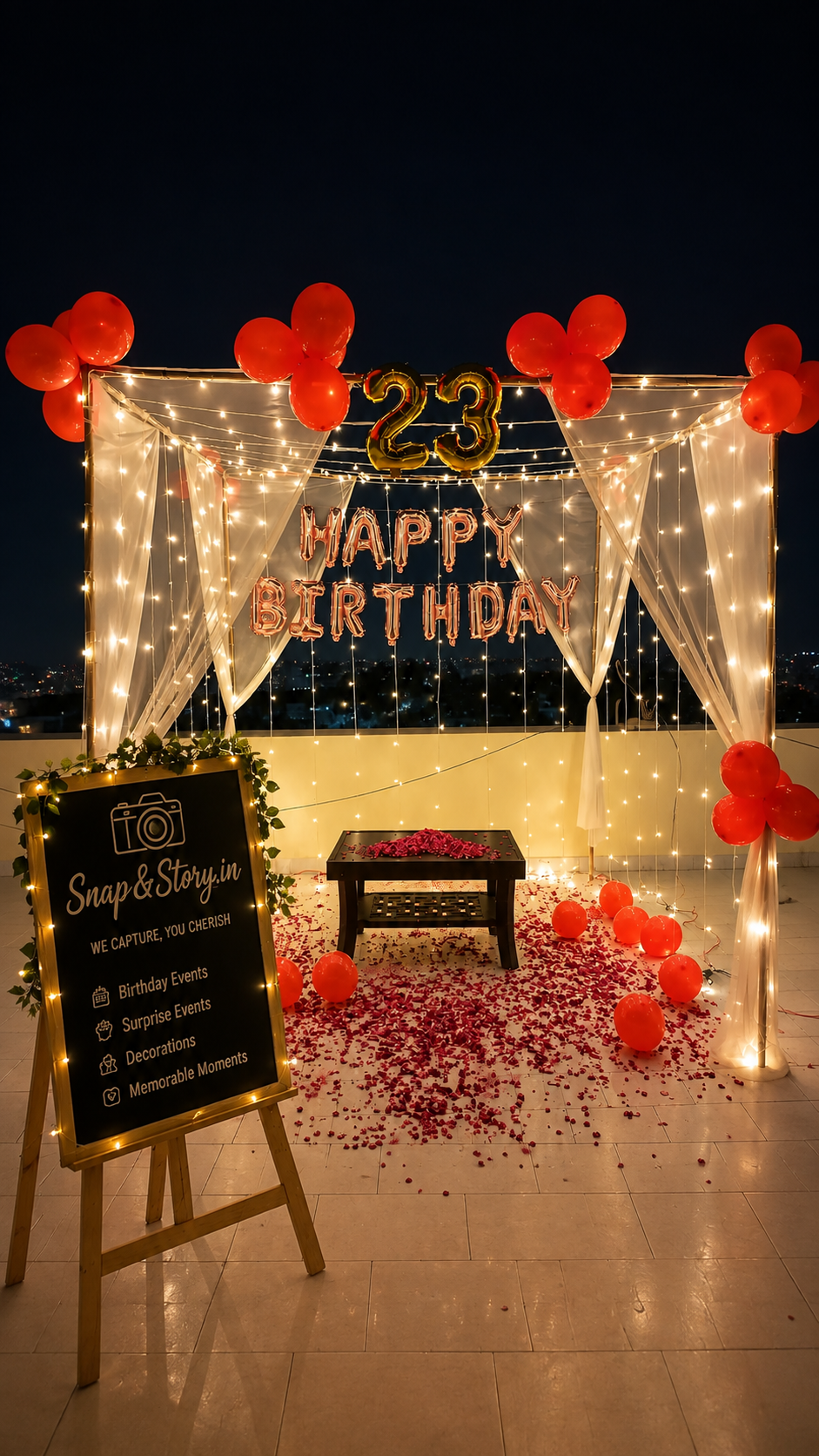 Terrace decorated with a glowing balloon arch, happy birthday sign and sparklers
